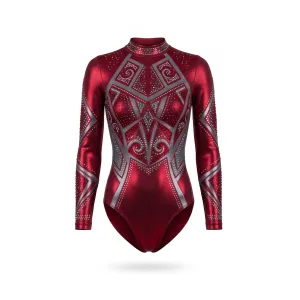 Front view of a deep red metallic long-sleeve gymnastics leotard with intricate silver rhinestone patterns and a mock neck.