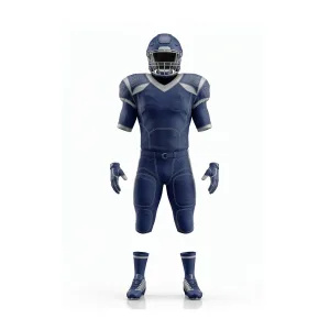 Front view of a complete navy blue and silver American football uniform set, including helmet, jersey, pants, gloves, and cleats.
