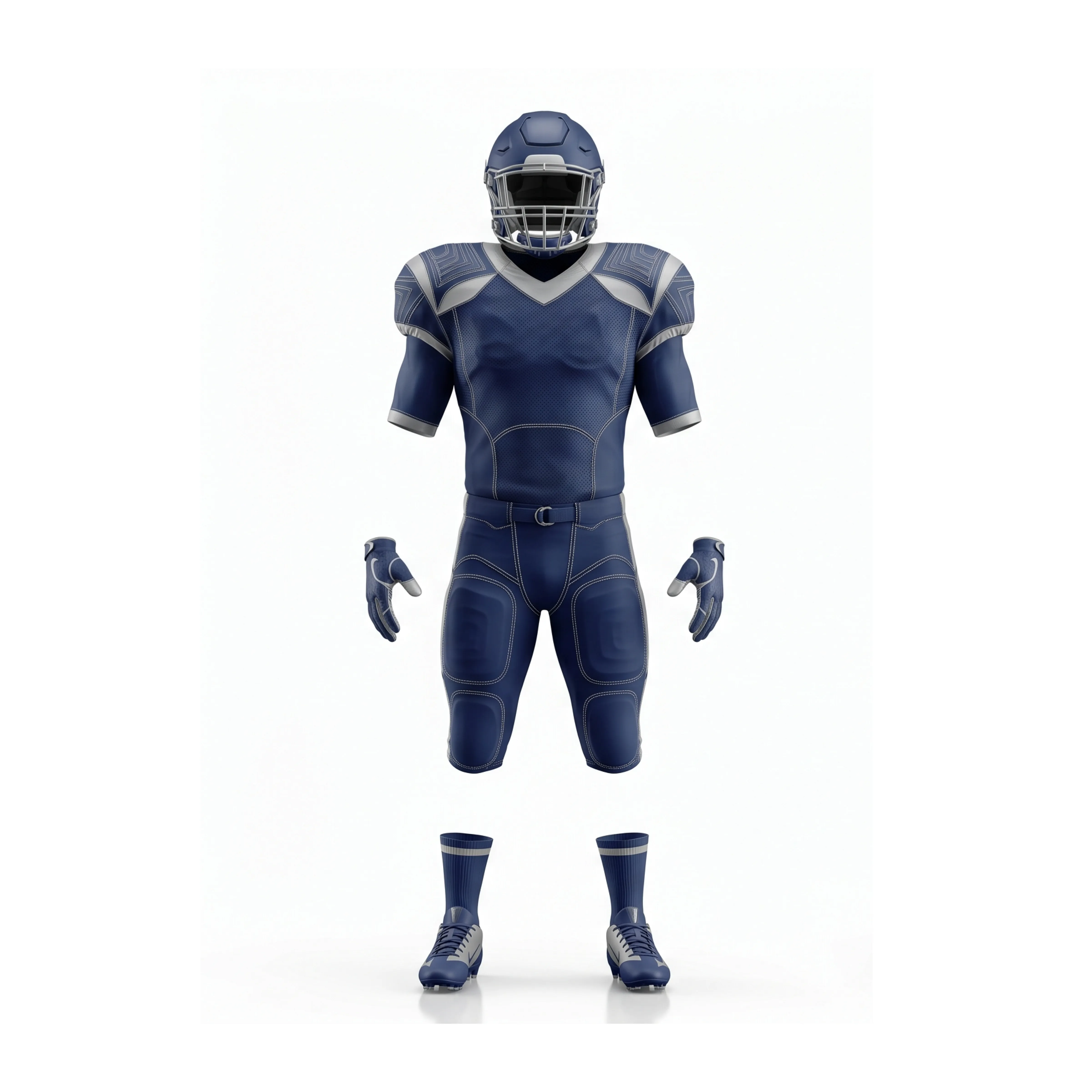Front view of a complete navy blue and silver American football uniform set, including helmet, jersey, pants, gloves, and cleats.