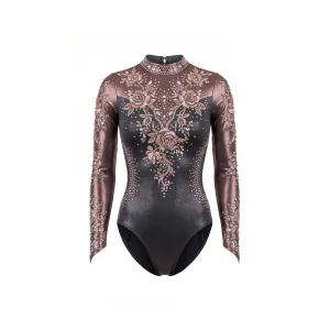 Front view of a rose gold ombre long sleeve leotard with intricate floral rhinestone patterns, perfect for gymnastics