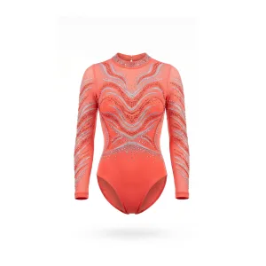 Front and back view of a vibrant coral rhythmic gymnastics leotard with intricate silver and coral crystal embellishments and a keyhole back.