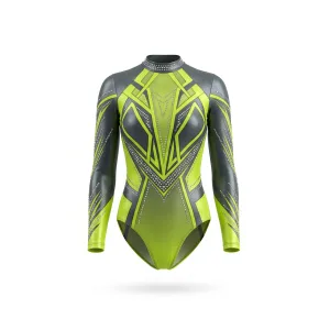 Front view of a women's gymnastics leotard in lime green and anthracite with a vibrant geometric pattern.