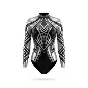 Black and silver gymnastics leotard with geometric pattern and high neck