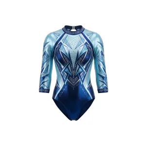 Blue gradient gymnastics leotard with long sleeves and rhinestone accents