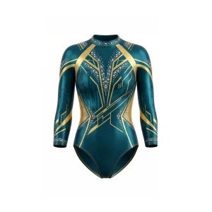 Emerald green gymnastics leotard with gold geometric pattern and rhinestones