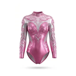 Pink and silver glitter gymnastics leotard with high neck and keyhole back design