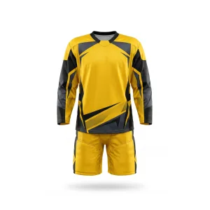 Yellow and black ice hockey jersey and shorts set with gray accents