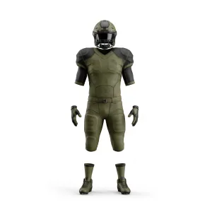 Olive green and black American football uniform with camouflage accents on pants and jersey