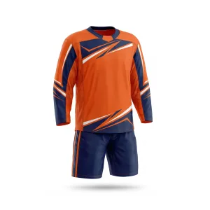 Orange and navy blue ice hockey jersey and shorts set with white accents