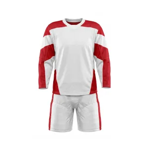 Red and white ice hockey jersey and shorts set with striped sleeves