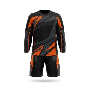 Black and orange abstract ice hockey jersey and shorts set, front and back view