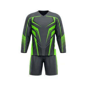Grey and neon green ice hockey jersey and shorts set with geometric design
