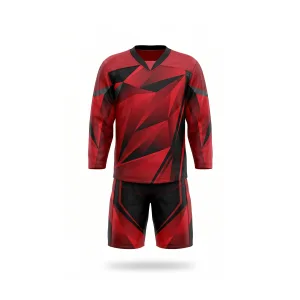Red and black geometric ice hockey jersey and shorts set, ice hockey uniform