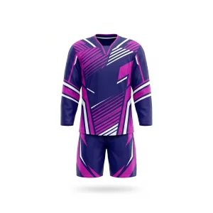 Ice hockey jersey and shorts set with geometric pattern in navy, pink, and white colors