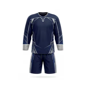 Navy blue and silver ice hockey jersey and shorts set, geometric pattern