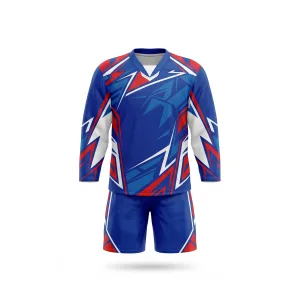 Royal blue, red, and white geometric ice hockey jersey and shorts set