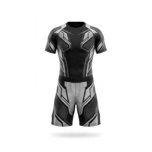 Black and grey geometric MMA training uniform set with short-sleeved shirt and shorts