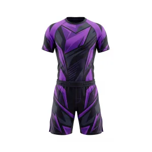 Purple geometric MMA uniform with black accents, front and back view