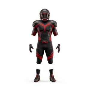 Front and back view of a Spenix black and red American football uniform with helmet, padded jersey, shorts, gloves, and cleats.