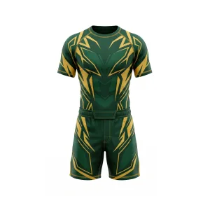 Emerald green and gold MMA uniform with geometric pattern