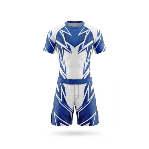 Blue and white MMA uniform with lightning pattern design