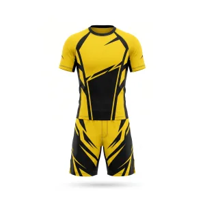 Yellow and black geometric pattern MMA uniform, front and back views