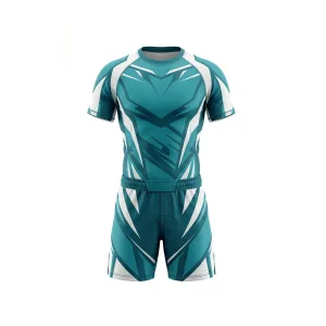 Teal and white geometric MMA fight shorts and rash guard set, front and back views