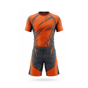 MMA uniform set with orange and grey abstract geometric pattern