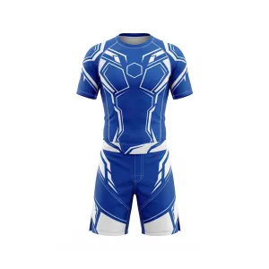 Blue and white geometric MMA uniform with short sleeves and matching shorts