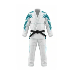 White and teal martial arts gi with black belt, unique graphic design