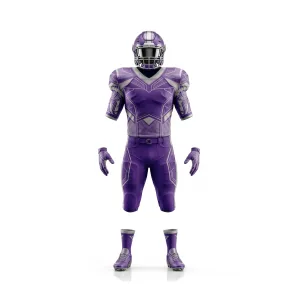 Front view of a complete Spenix Sports Wear dynamic purple and white American football uniform set, including helmet, jersey, padded pants, gloves, and cleats.