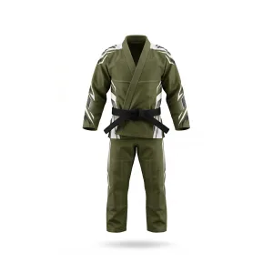 Olive green BJJ gi with white accents and black belt, perfect for martial arts training