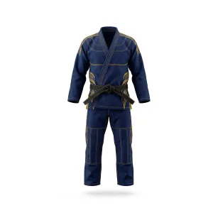 Navy blue martial arts gi with gold accents and black belt