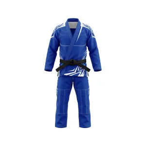 Royal blue BJJ gi with white accents and black belt, martial arts uniform