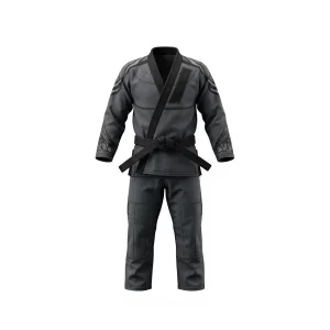 Black martial arts gi with gray accents and black belt