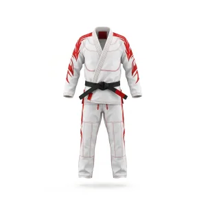 Martial arts gi with tribal print design, white and red colors, and black belt