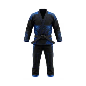 Black and blue martial arts gi with tribal print design and black belt