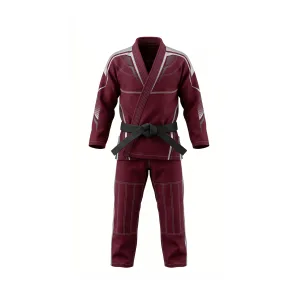 Maroon martial arts gi with grey accents and black belt