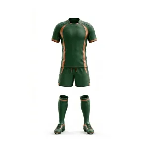 Dark green rugby uniform with orange accents, including jersey, shorts, socks, and cleats