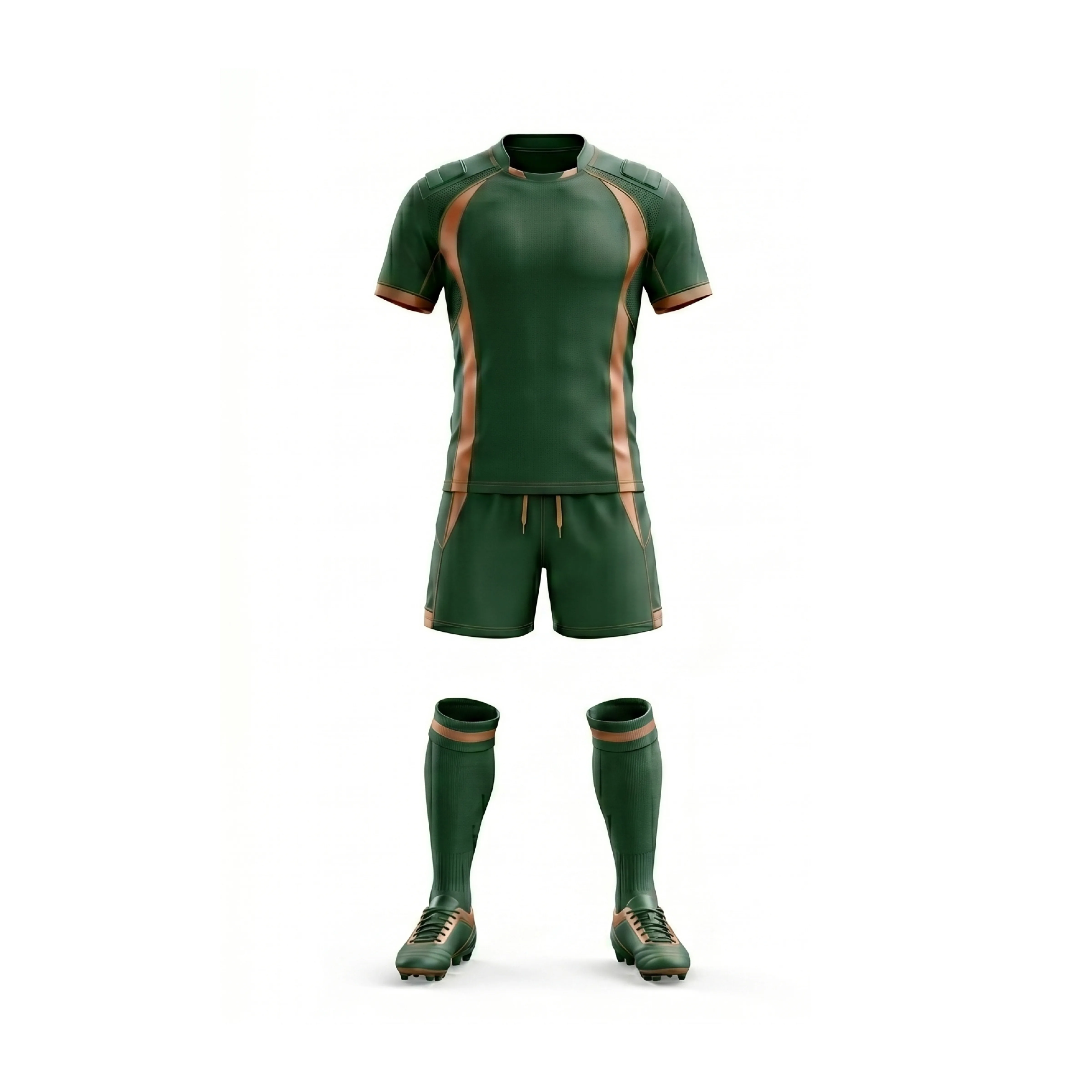 Dark green rugby uniform with orange accents, including jersey, shorts, socks, and cleats