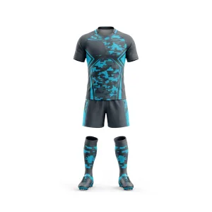Grey and blue camouflage rugby uniform set with digital camouflage design