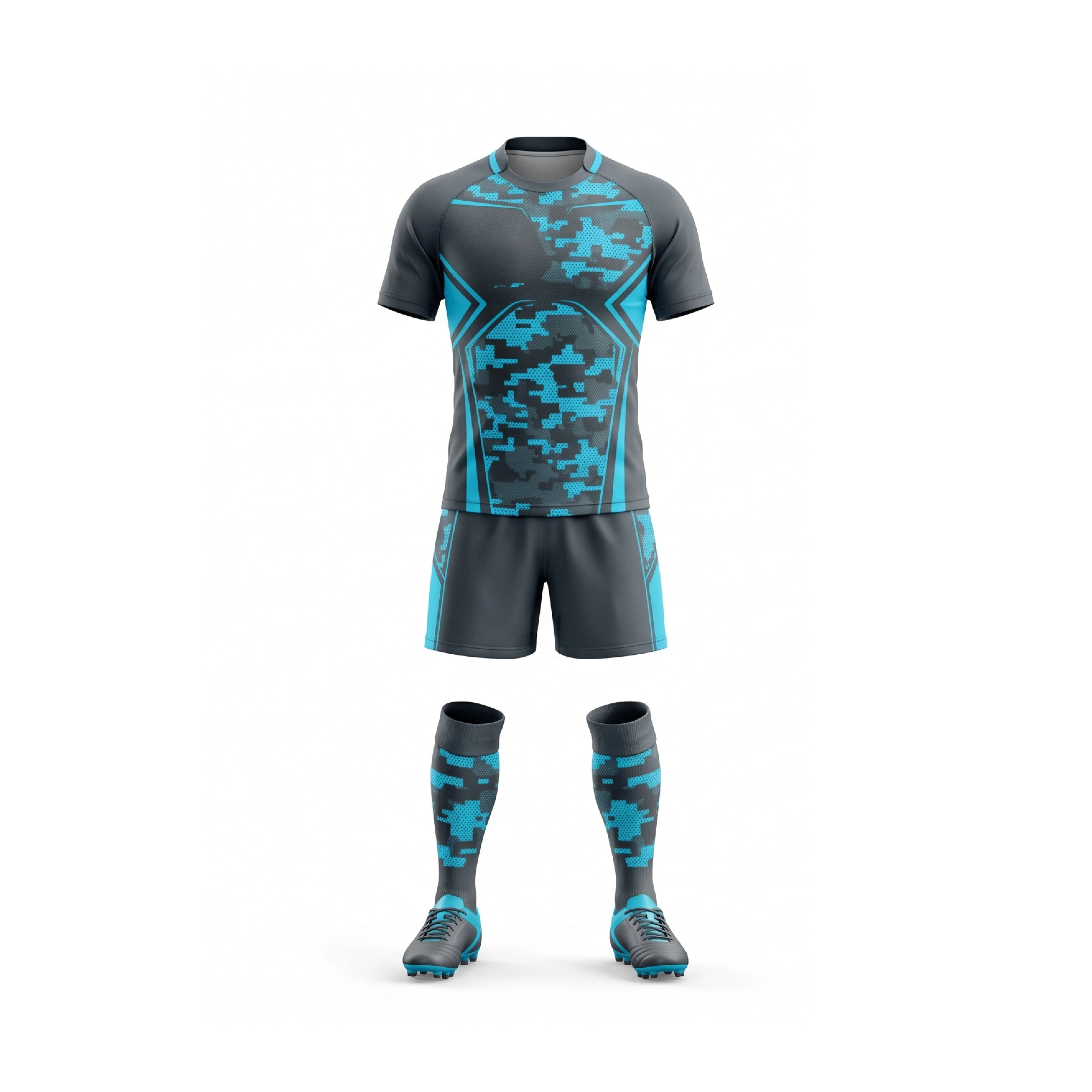 Grey and blue camouflage rugby uniform set with digital camouflage design