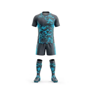 Rugby uniform with grey and blue camouflage digital print design, includes shirt, shorts, socks, and cleats