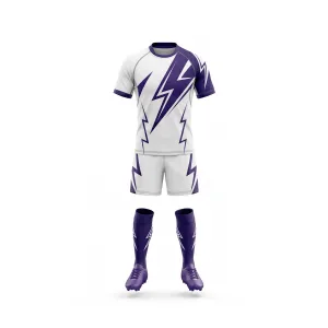 Rugby uniform with purple lightning bolt design on white background