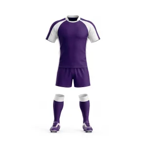 Purple rugby uniform with white accents and stripes, including jersey, shorts, socks, and cleats