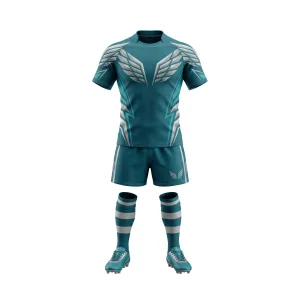 Teal rugby uniform with white accents and wing design on shoulders