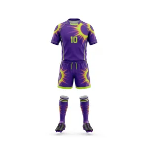 Rugby uniform with purple and neon yellow design, number 10 on front and back