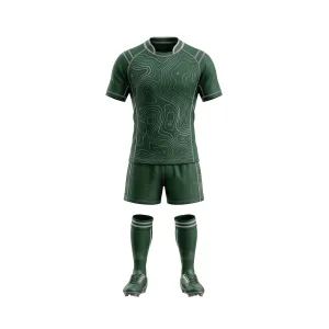 Dark green rugby uniform with topographic pattern and number 15 on the back