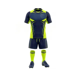 Navy and neon green rugby uniform with shield logo on chest, rugby cleats and socks