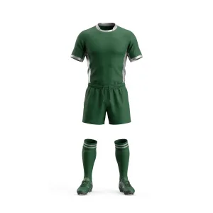 Green rugby uniform with white accents, including jersey, shorts, and socks